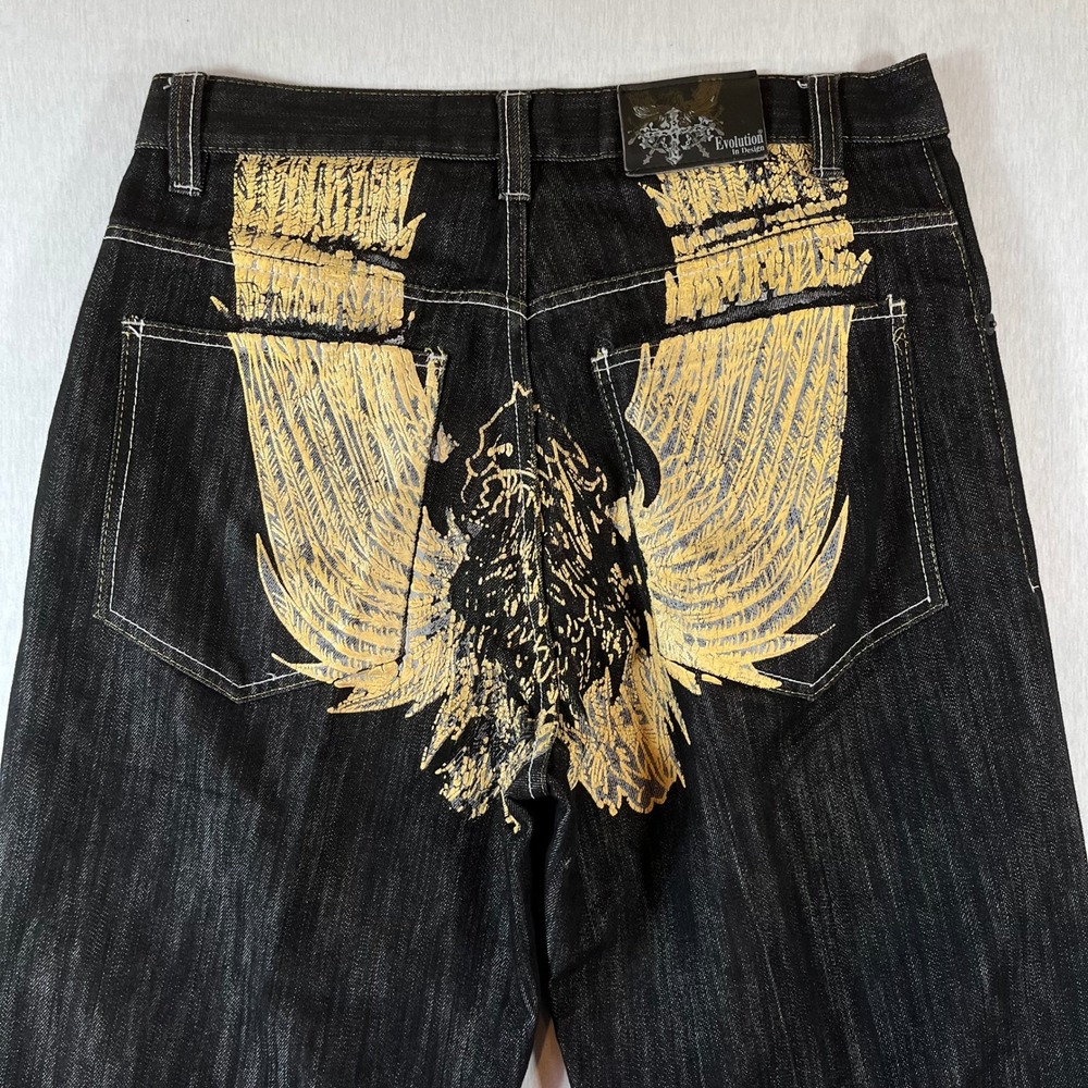 VTG Evolution in Design Jeans Mens 36x34 Gold Wing Eagle Streetwear Black Denim